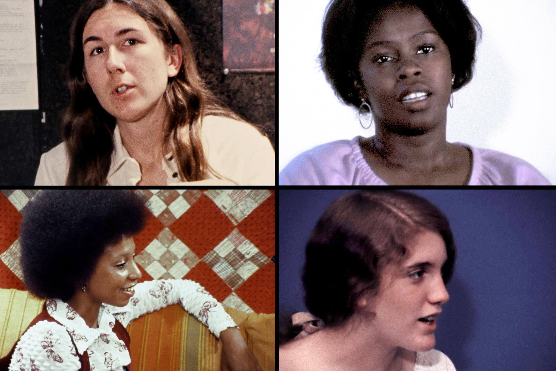 Photographs of four women in a grid. Two white, and two black. All are in the film discussing their experiences.